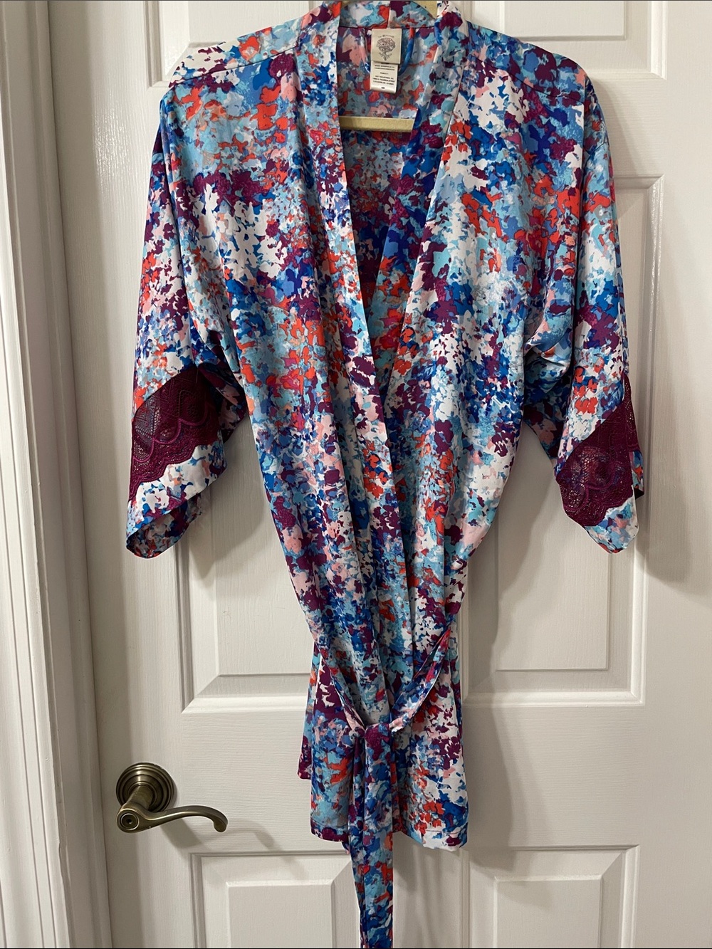 In Bloom Multicolor Floral Satin Kimono Robe with Burgundy Lace Trim